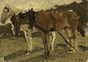 George Hendrik Breitner A Brown and a White Horse in Scheveningen oil painting on canvas
